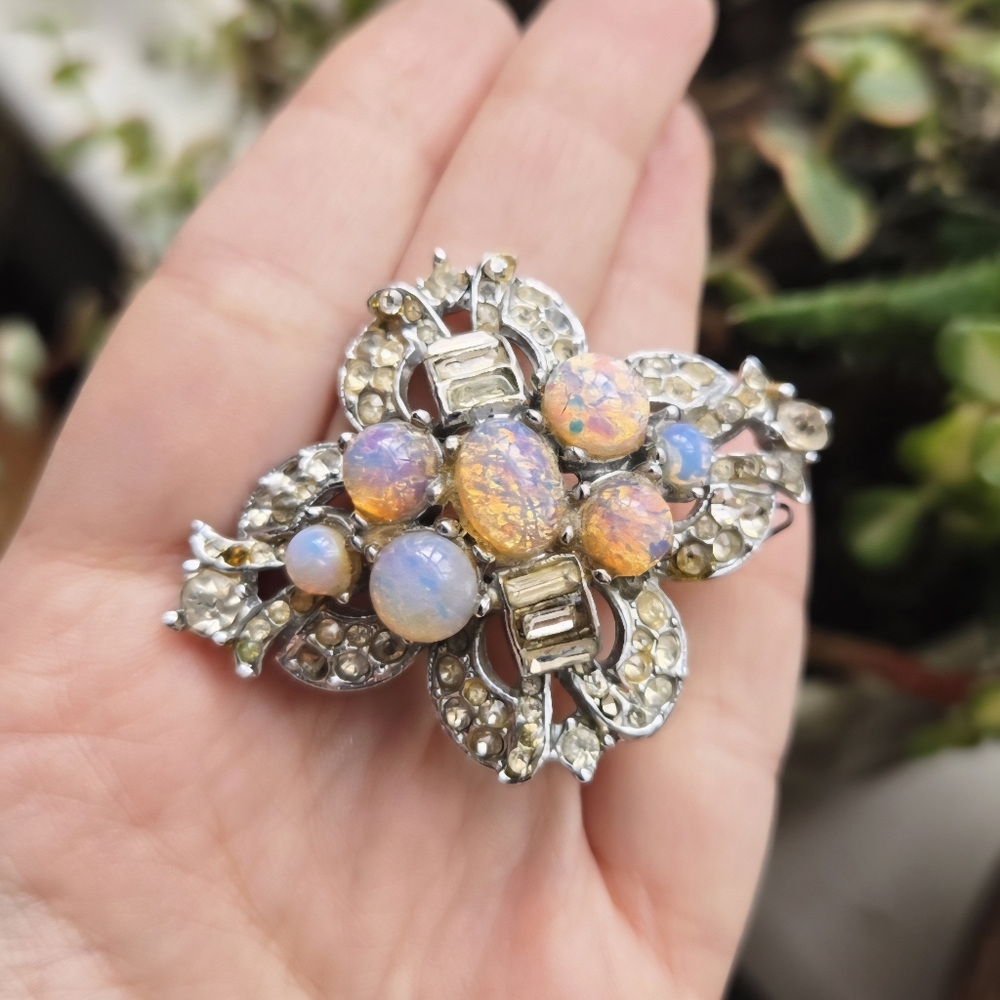 Vintage Art Deco Style Silver Triplet Opal Rhinestone Lapel Brooch Pin